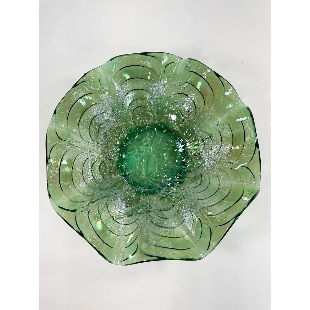 Vtg Imperial Carnival Glass Green Iridescent Pansy Ruffle Bowl Retro